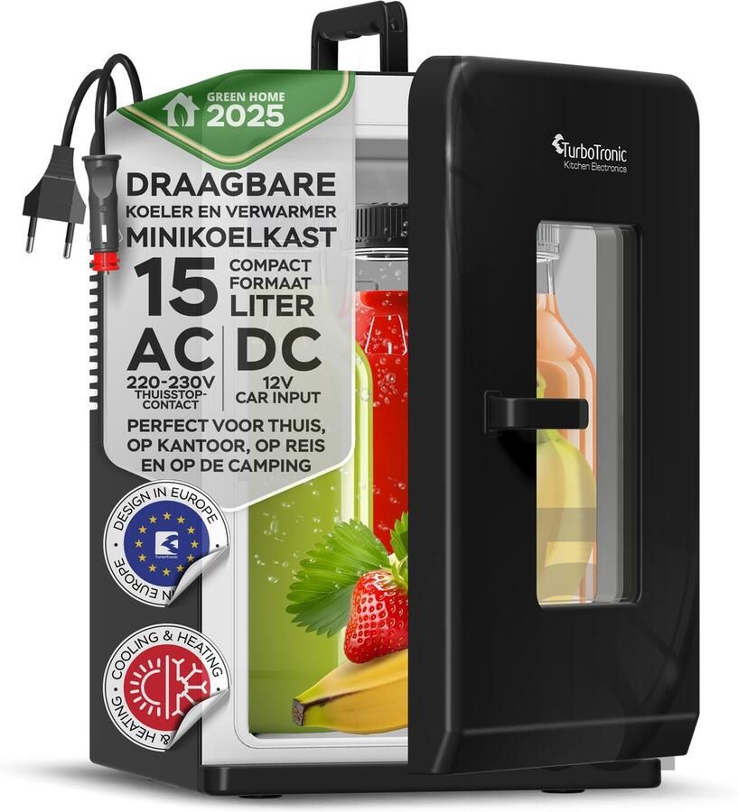 TurboTronic EC15 Mini Koelkast – 15L Koelen & Verwarmen – AC DC 230V 12V – Zwarte Glazen Deur – Voor Auto Kantoor Camping & Thuis (Skincare Medicijnen Eten Drinken