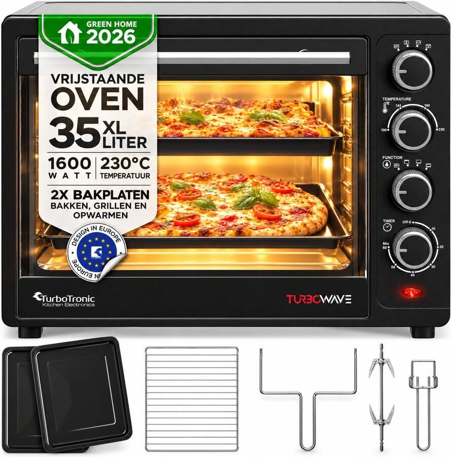 TurboTronic EV35 Elektrische vrijstaande oven 35 Liter Compact Mini Grillen bakken en opwarmen Hete lucht Max. 230 graden Timer Draaispit 1600W