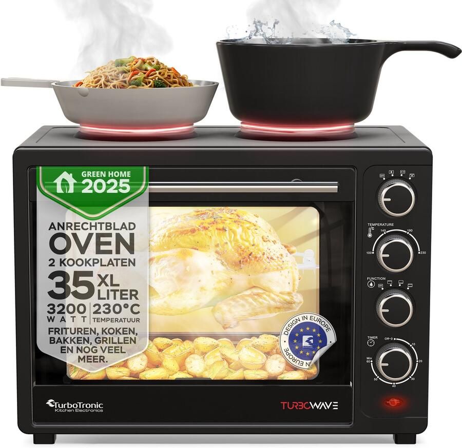 TurboTronic EV35TS Vrijstaande Oven – Dubbele Kookzone – 35L – Zwart