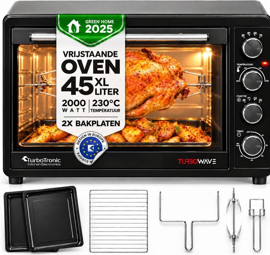 TurboTronic EV45 Vrijstaande Oven 45L Instelbare temperatuur en timer accessoires Zwart