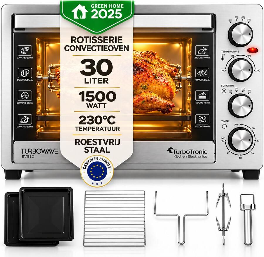 TurboTronic EVS30 Vrijstaande oven 30L Mini oven Elektrische Oven Zilver