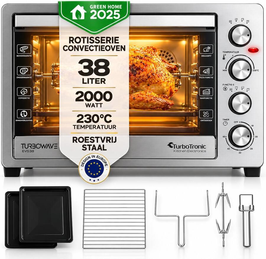 TurboTronic TurboWave TT-EVS38 Vrijstaande Elektrische Oven – 38L 2000W Hete Lucht & Rotisserie RVS