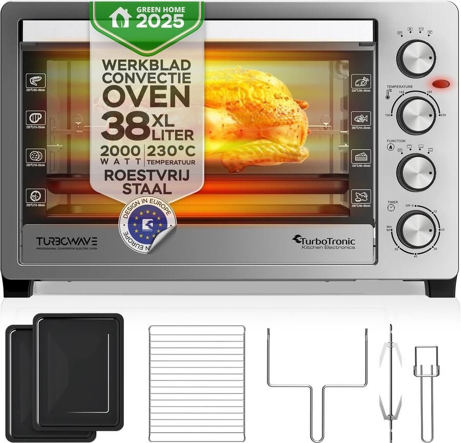 TurboTronic TurboWave TT-EVS38 Vrijstaande Elektrische Oven – 38L 2000W Hete Lucht & Rotisserie RVS Oven