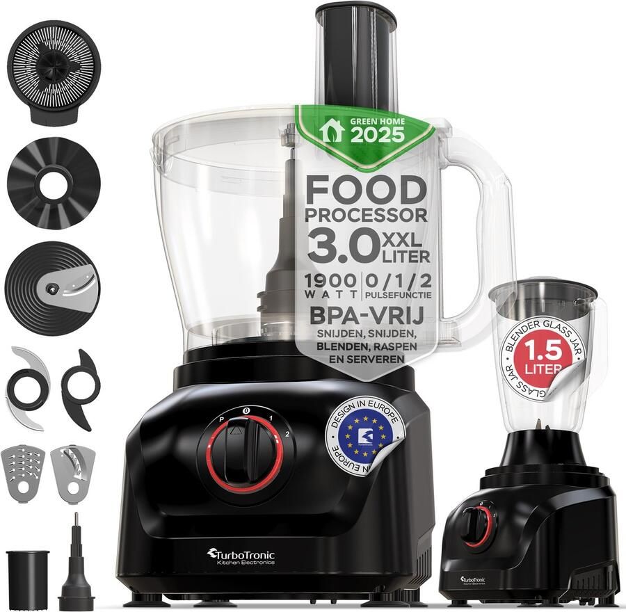 TurboTronic FP900 Foodprocessor 8-in-1 Keukenmachine 3 Liter Zwart - Foto 2