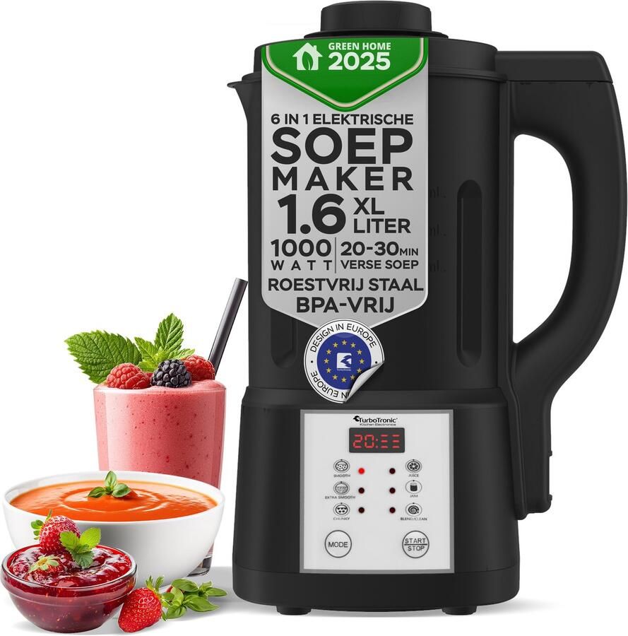 TurboTronic FSM7 Elektrische Soepmaker – Smoothiemaker – 6 Pre-set Programma s – Zwart