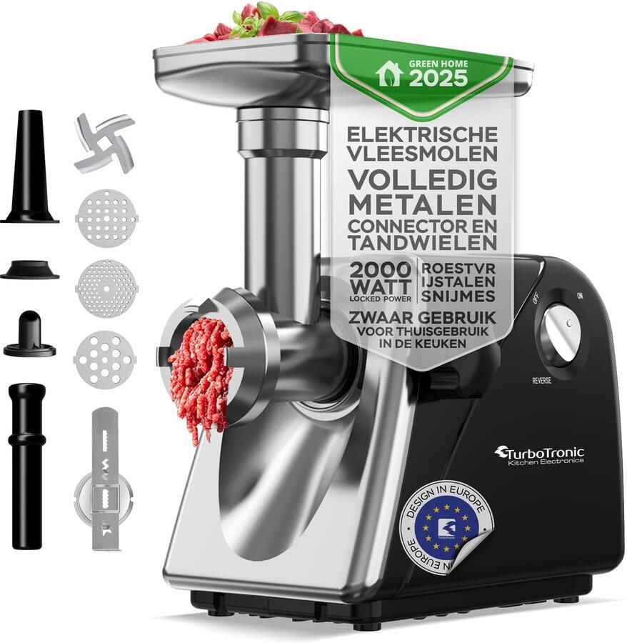 TurboTronic MG20 Elektrische Vleesmolen Gehaktmolen 2000W Zwart Chroom - Foto 2