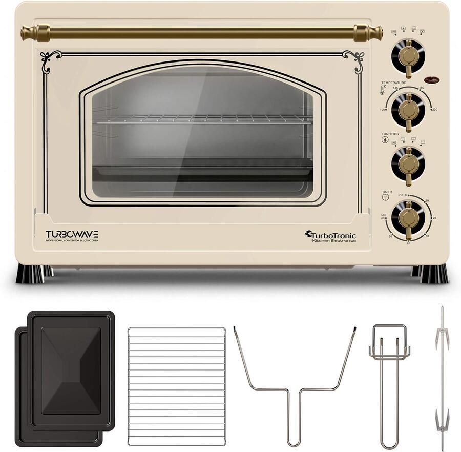TurboTronic R45 Vrijstaande Oven – Retro Stijl – 45 Liter Mini Oven – 2000W – Inclusief Draaispit en Bakplaten – Beige