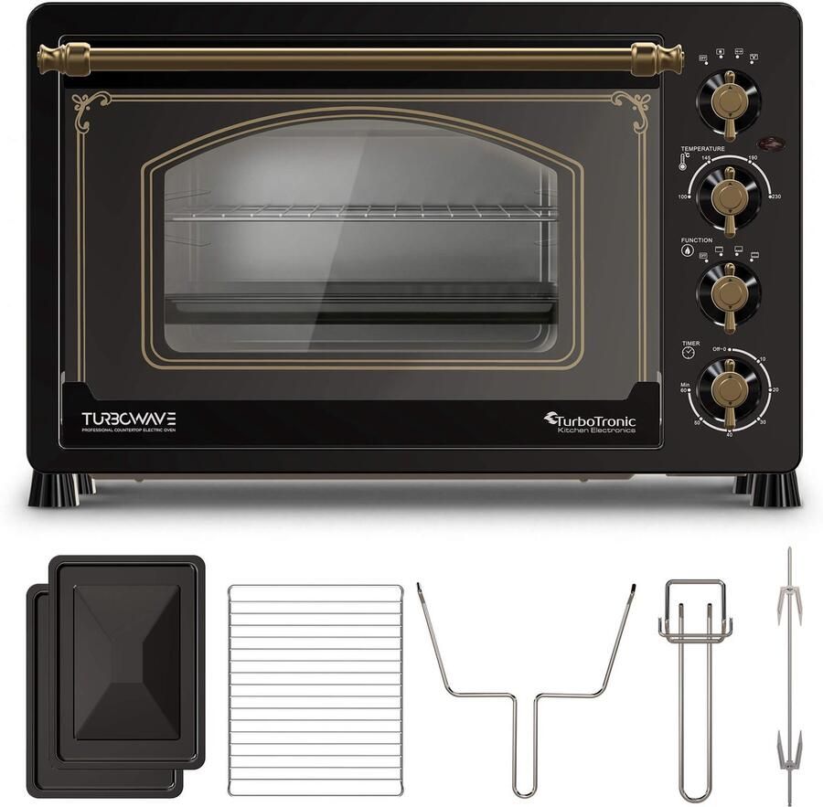 TurboTronic R45 Vrijstaande Oven – Retro Stijl – 45 Liter Mini Oven – 2000W – Inclusief Draaispit en Bakplaten – Zwart