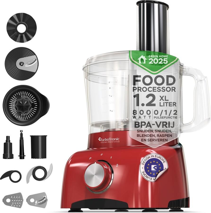 TurboTronic FP800 Foodprocessor Keukenmachine 1.2 Liter 800W Rood - Foto 2