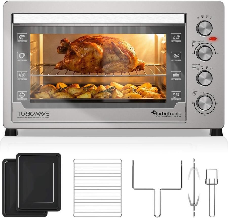 TurboTronic Tubrotronic EVS60 Vrijstaande Oven 60 liter Mini Oven 2000W Incl Draaispit en bakplaten Zilver