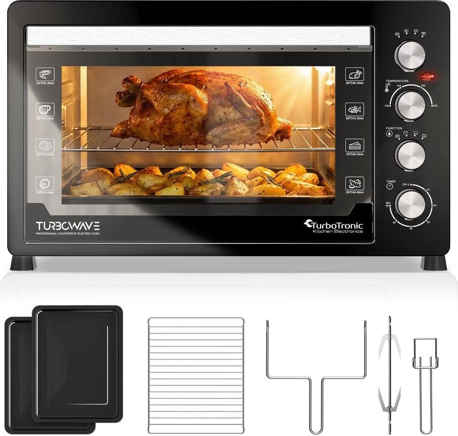 TurboTronic Tubrotronic EVS60 Vrijstaande Oven 60 liter Mini Oven 2000W Incl Draaispit en bakplaten Zwart