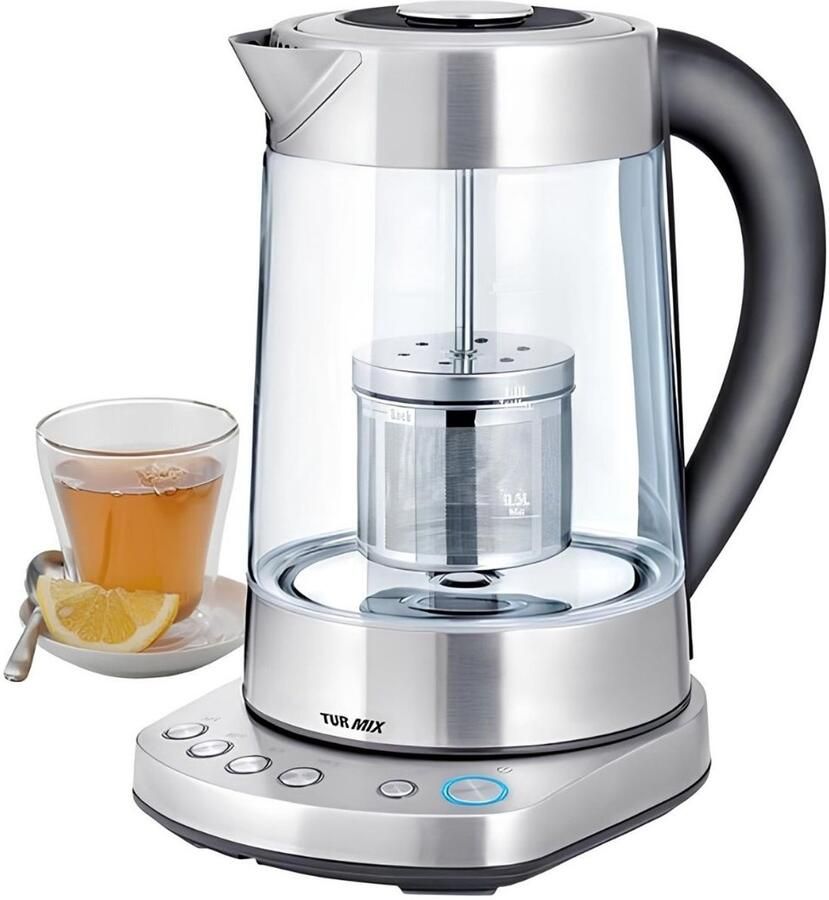 Turmix 0034250 Elektrische waterkoker theepot 2 in 1 Instelbare thermostaat 70° tot 100°C Afneembaar theefilter Warmhoudfunctie 1 tot 1 5 L BPA-vrij Glas Roestvrij staal Transparant