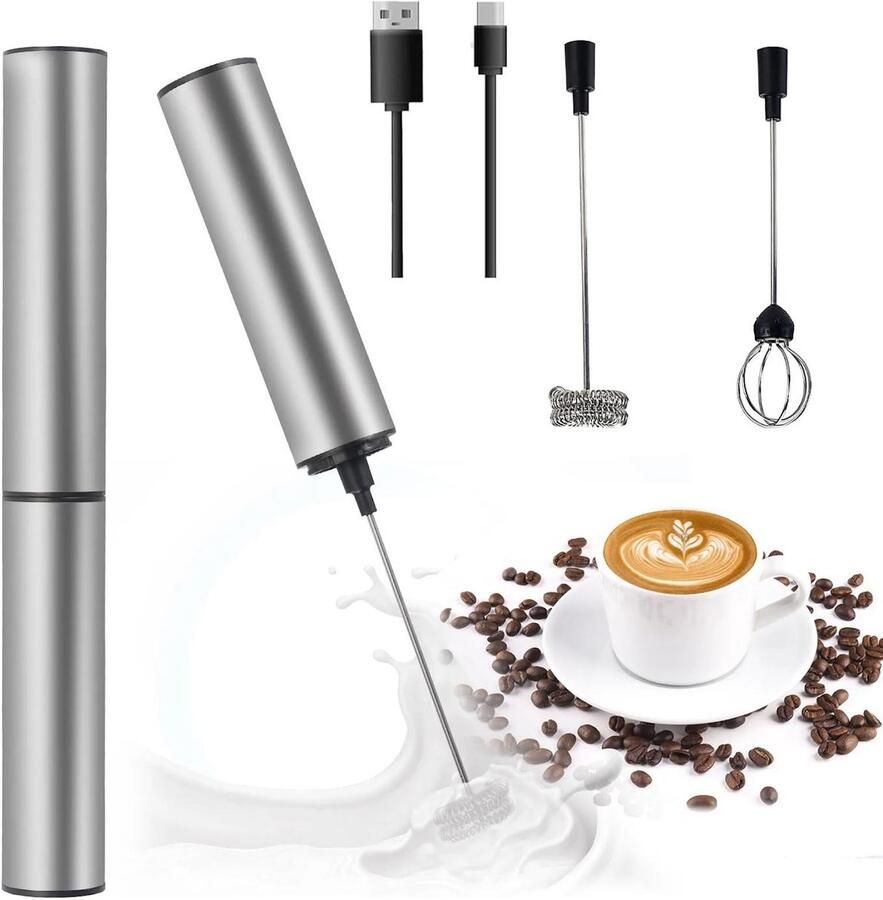 TuseRxln Melkopschuimer Electrisch Met Roestvrij Staal 304 Tot 13.000 Tpm Melkopschuimers Voor Slagroom Eiwitten En Saucen 1 Stuks Koffie Mini Mixer En Matcha Klopper Electrisch Zilver