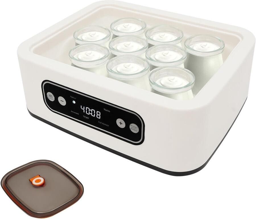 TuseRxln Yoghurtmaker Instelbare Temperatuur Ptc-Precisie Verwarming En Transparante Vacuümdekking 9 Bechers + 1 6 L Binnenpan Voor Gezinnen Cremewit