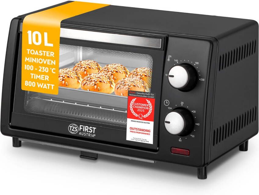 TZS FIRST AUSTRIA Mini oven 10L vrijstaande oven 800W max 230°C Timer Zwart
