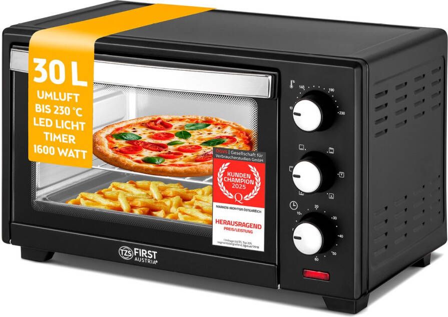 TZS FIRST AUSTRIA Mini oven 30L 1600W Vrijstaande Heteluchtoven max 230°C Timer Zwart