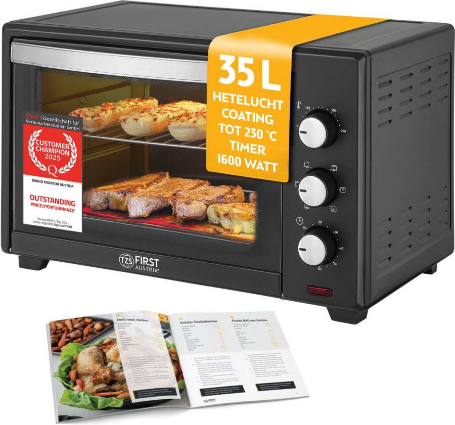 TZS FIRST AUSTRIA Mini oven 35L 1600W- Vrijstaande Heteluchtoven Premium-X Coating max 230°C Timer Zwart