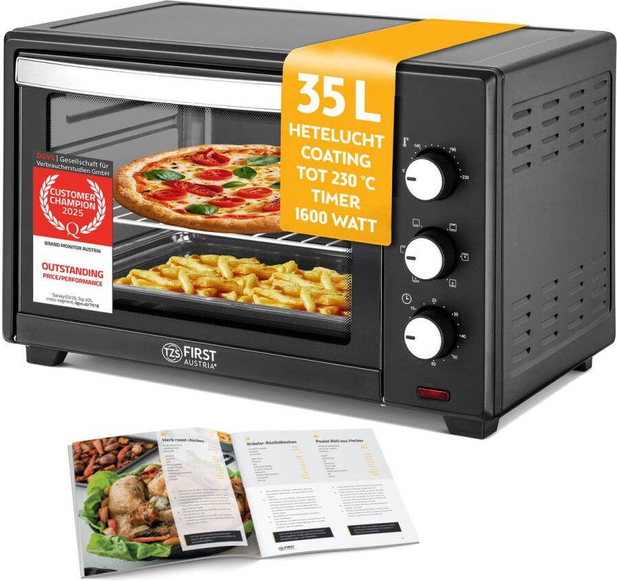 TZS FIRST AUSTRIA Mini oven 35L 1600W- Vrijstaande Heteluchtoven Premium-X Coating max 230°C Timer Zwart