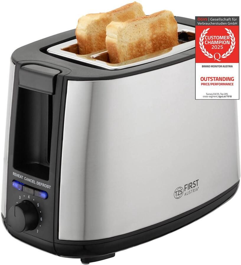 TZS FIRST AUSTRIA Broodrooster Toaster 6 Warmteniveaus 2 Brede Sleuven 750W RVS Zilver