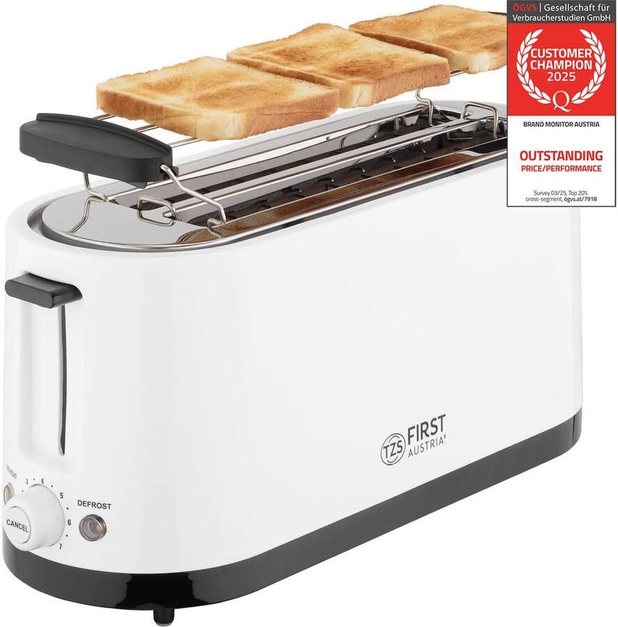 TZS FIRST AUSTRIA Broodrooster Toaster 7 Warmteniveaus 2 Extra Brede Sleuven 1400W Wit