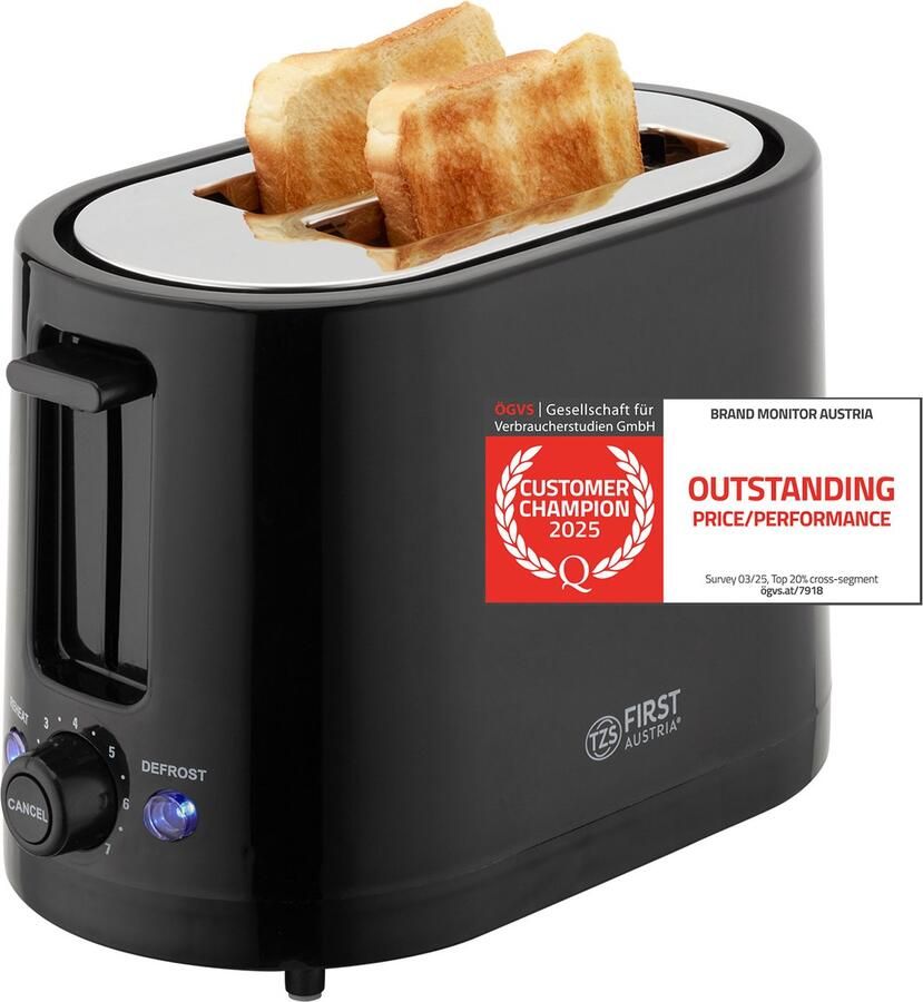 TZS FIRST AUSTRIA Broodrooster Toaster 7 Warmteniveaus 2 Extra brede gleuven 750W Zwart