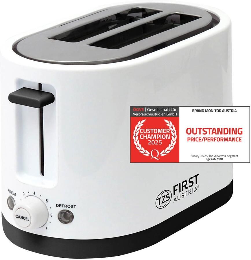 TZS FIRST AUSTRIA Broodrooster Toaster 7 Warmteniveaus 2 Extra Brede Sleuven 750W Wit - Foto 2