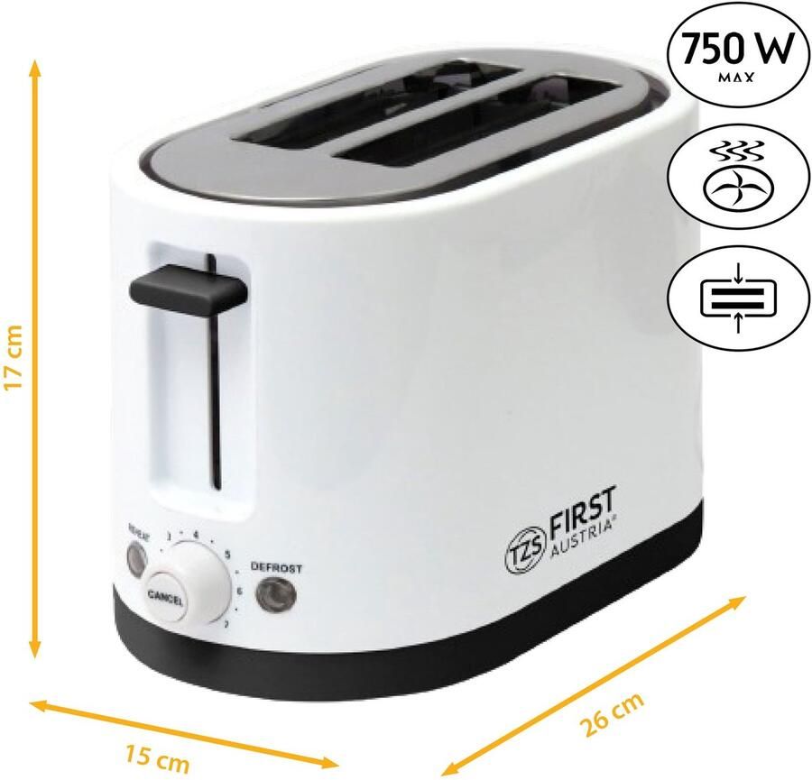 TZS FIRST AUSTRIA Broodrooster Toaster 7 Warmteniveaus 2 Extra Brede Sleuven 750W Wit