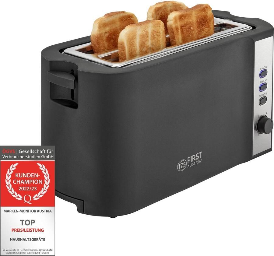 TZS FIRST AUSTRIA Broodrooster Toaster 7 Warmteniveaus Long-slot 4 Sneden 1500W Zwart
