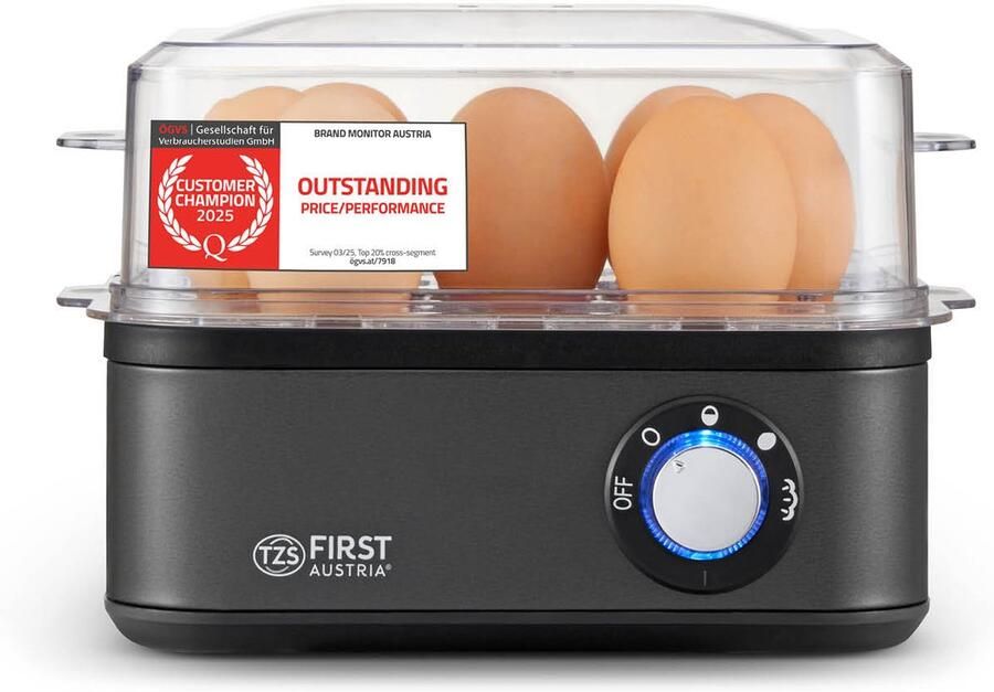 TZS FIRST AUSTRIA Eierkoker Elektrisch 8 Eieren Met Stoomfunctie & Pocheerfunctie Automatische Uitschakeling Grijs RVS