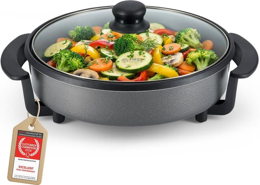 TZS FIRST AUSTRIA Elektrische hapjespan 1 8L 1500W Ø40cm Deksel Maximale temperatuur 240⁰ C Indicatie lampje Zwart