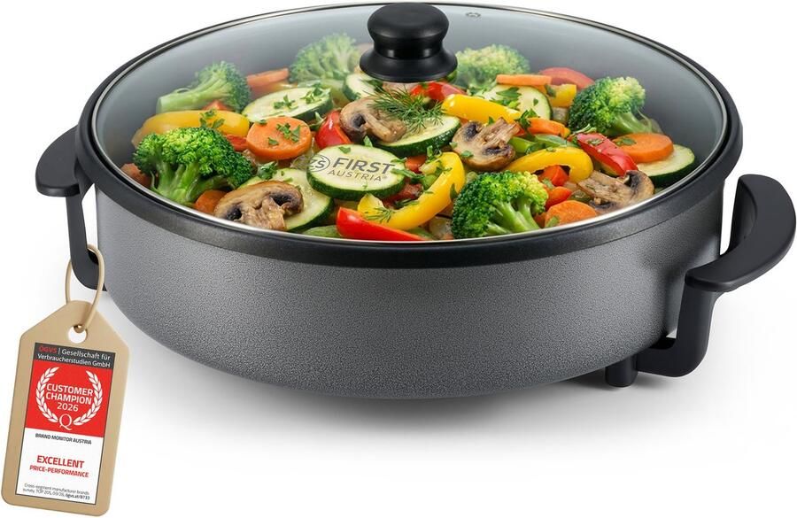 TZS FIRST AUSTRIA Elektrische hapjespan 6 5L 1500W Ø40cm Deksel Maximale temperatuur 240⁰ C Indicatie lampje Zwart