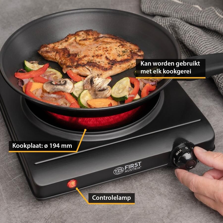 TZS FIRST AUSTRIA Elektrische Kookplaat 1250W Vrijstaand Kookplaat 1 Pits Zwart