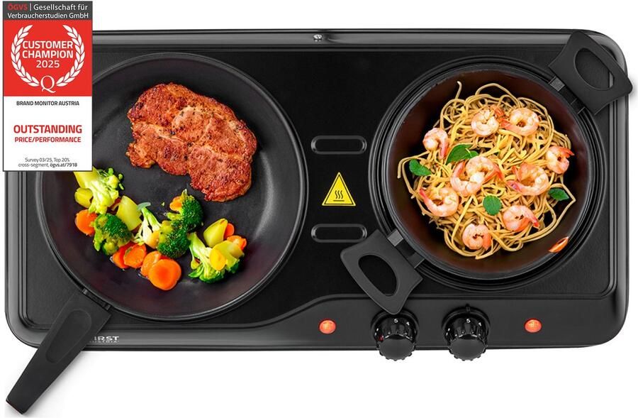 TZS FIRST AUSTRIA Elektrische Kookplaat 2 Pits Kookplaat vrijstaand- 2500W Zwart