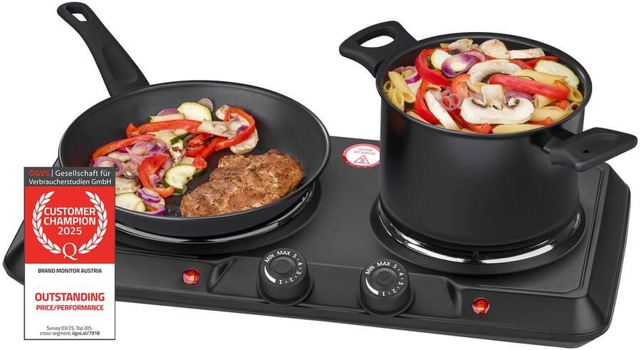 TZS FIRST AUSTRIA Elektrische Kookplaat 2500W 2 Pits Kookplaat elektrisch vrijstaand Zwart