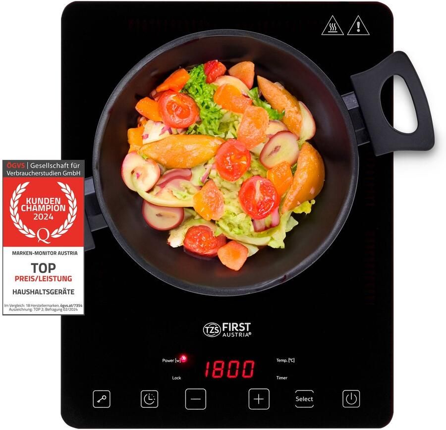 TZS FIRST AUSTRIA Inductie Kookplaat Vrijstaand Elektrische Kookplaat 1 Pits- 2000W Zwart