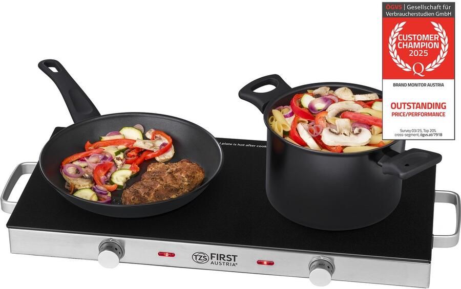 TZS FIRST AUSTRIA Kookplaat Vrijstaand met Handgrepen 2800W Elektrische Kookplaat 2 Pits Glaskeramiek
