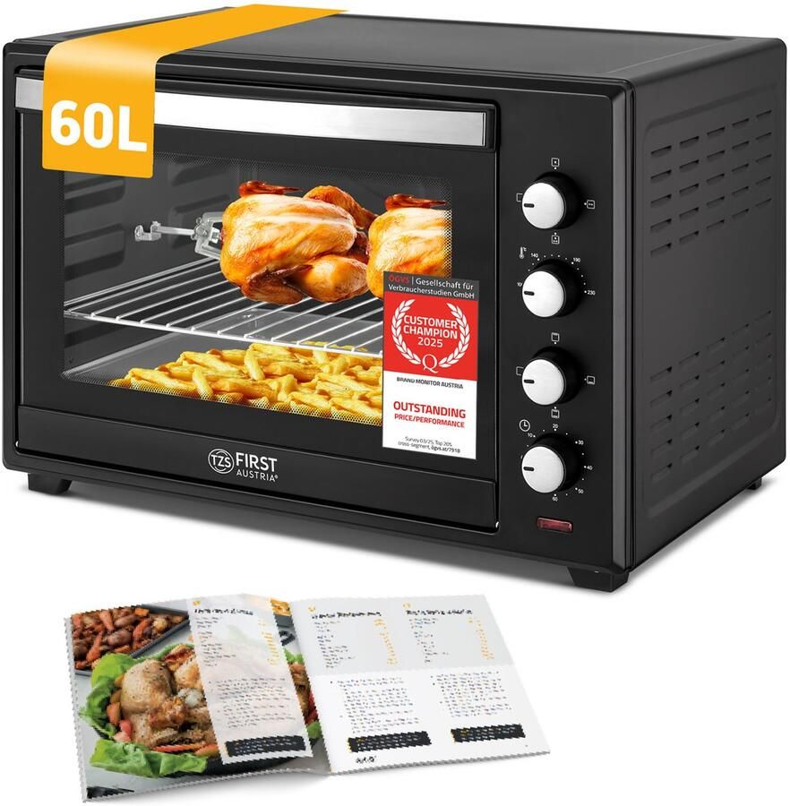 TZS FIRST AUSTRIA mini oven 60L 2000W Vrijstaande Heteluchtoven max 230°C Zwart