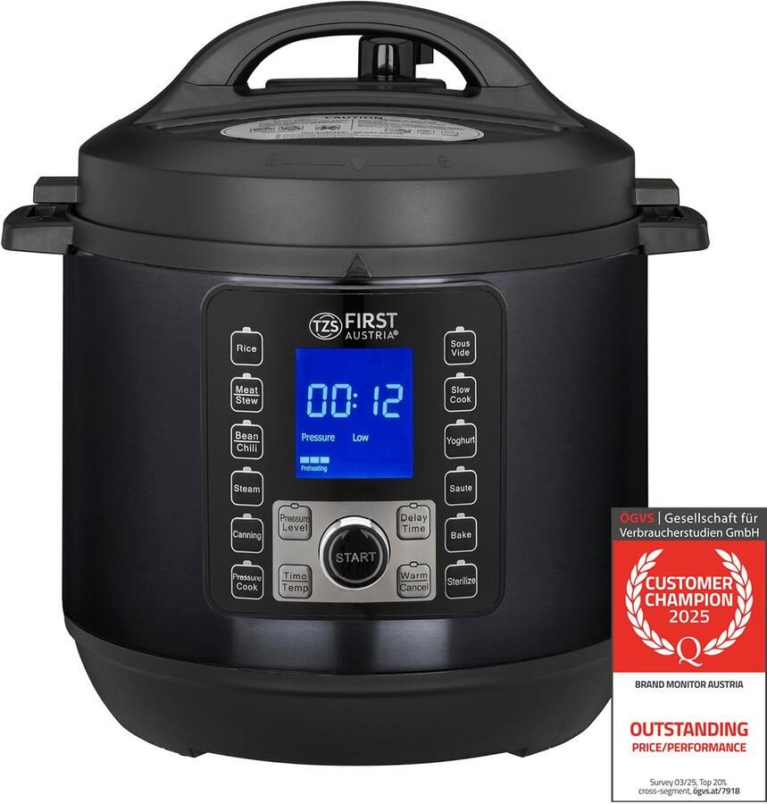 TZS FIRST AUSTRIA Multicooker 6L 1000W Snelkookpan Rijstkoker 12 Kookfuncties RVS Timer Zwart
