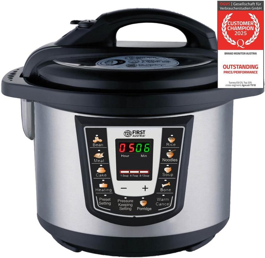 TZS FIRST AUSTRIA Multicooker 6L 1000W Snelkookpan Rijstkoker 9 Kookfuncties RVS Timer Zilver
