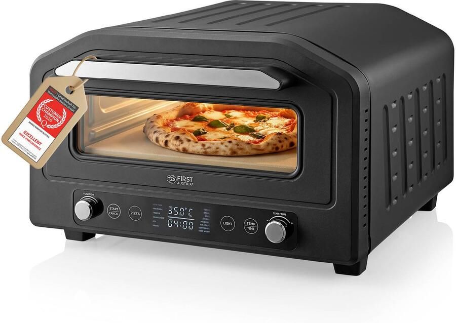 TZS FIRST AUSTRIA Pizzaoven 18L 400°C 6 Pizza-Programma's & 8 Functies Touchtoetsen & Draaiknop 1700W Vermogen Kleur Zwart Incl. Pizzasteen Pizzaschep en Frituurmand