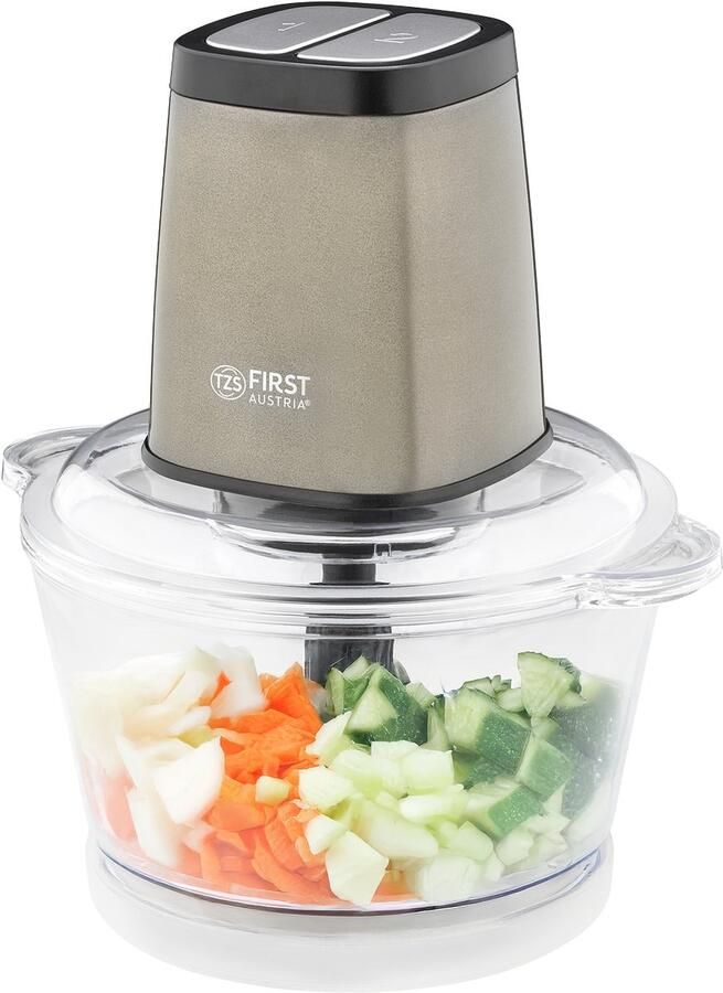 TZS FIRST AUSTRIA versnipperaar 1 7L glazen container 500W 2 snelheden multi-versaagmachine antislip bodem roestvrij staal zilver