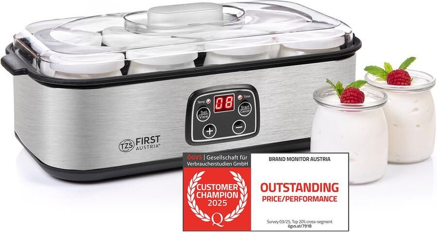 TZS FIRST AUSTRIA Yoghurtmaker 25W Timer Inclusief 8x180ml glazen potjes Zilver - Foto 2