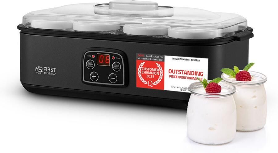 TZS FIRST AUSTRIA Yoghurtmaker met 8 glazen potjes van 180 ml 1 4 L instelbare temperatuur LED-display automatische uitschakeling Grijs