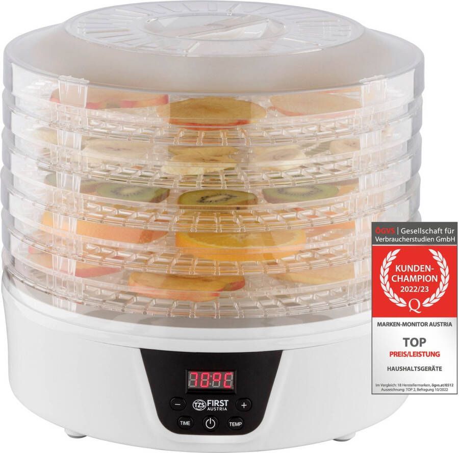 TZS FIRST AUSTRIA Voedseldroger Dehydrator 5 Laags 380W 35°C tot 70°C Wit