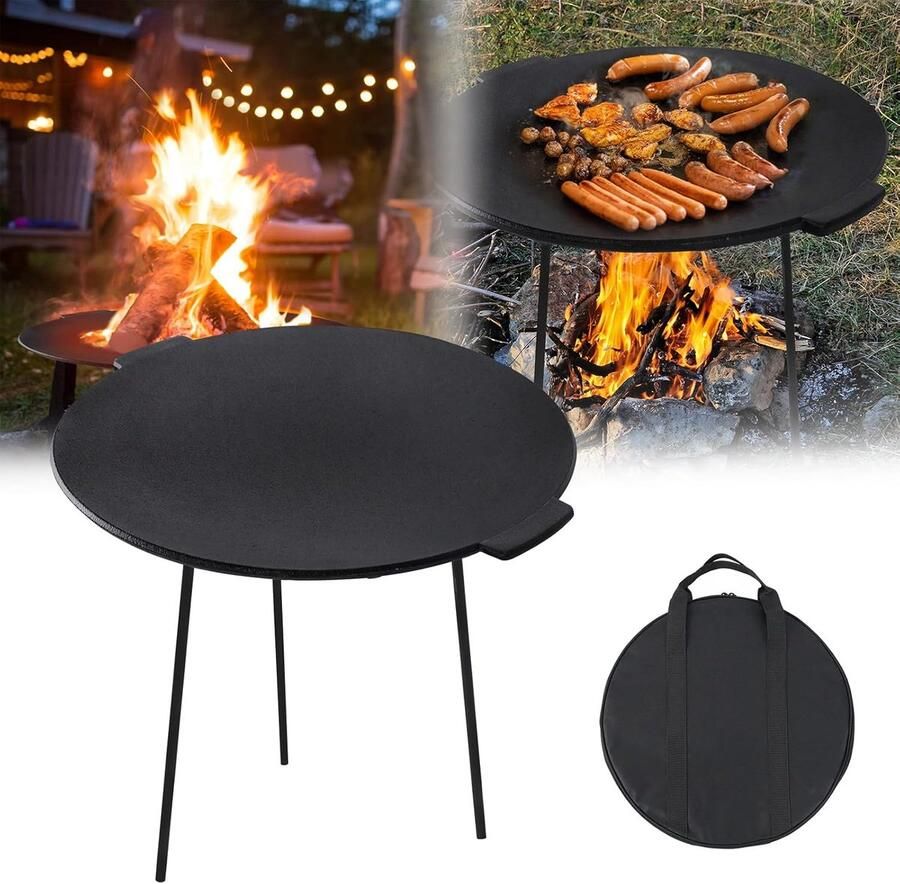 UISBERT Grillplaat van gietijzer met 3 poten grillpan braadpan grilltafel campinggrillaccessoires rond Ø 45 cm