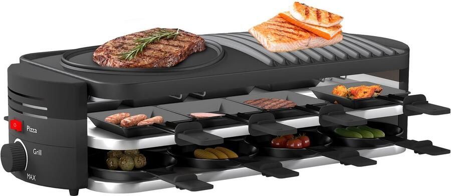 UISBERT Raclettegrill elektrische tafelgrill roestvrijstalen elektrische grill met pannetjes grillplaat met antiaanbaklaag en natuurlijke grillsteen max. 1600 W zwart