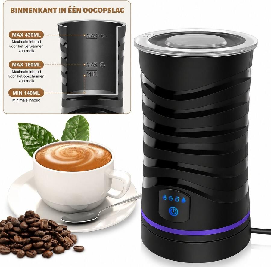 UJOY Melkopschuimer 600ML 4-in-1 functies One-touch bediening Romig schuim in ± 2 minuten Krachtig vermogen Zwart