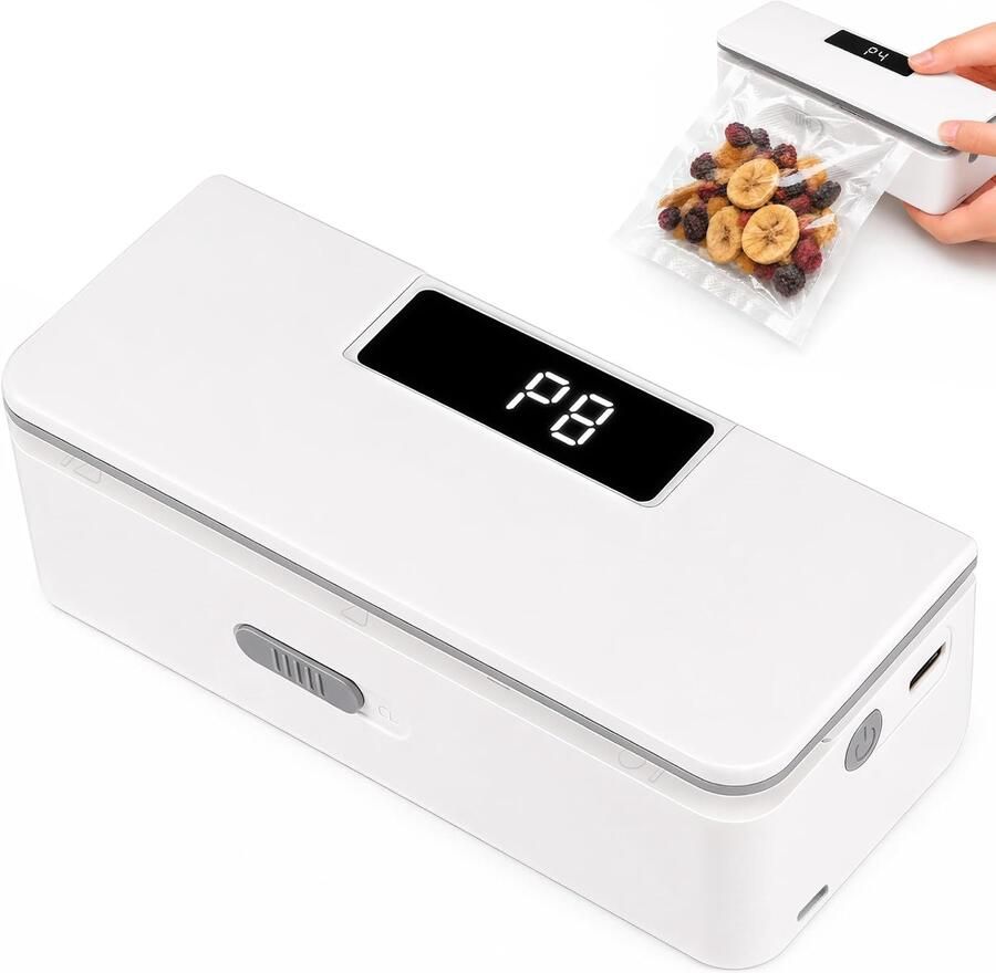Ulisem Oplaadbare Mini Zak Sealer met Snijmes & Magneet – USB-C Heat Sealer voor Zakjes – Luchtdicht Afdichten van Chips Mylar & Plastic Zakken – 8 Warmteniveaus met LED Display wit