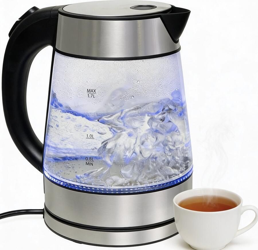 Unbranded Waterkoker Glas 1 7L Snel Koken Met Stijlvol Design – Waterkoker Met Kalkfilter Voor Zuiver Water en Minder Aanslag – Elektrische Waterkoker 230V Met RVS Accenten en Duurzame Behuizing Modern Zilver Design