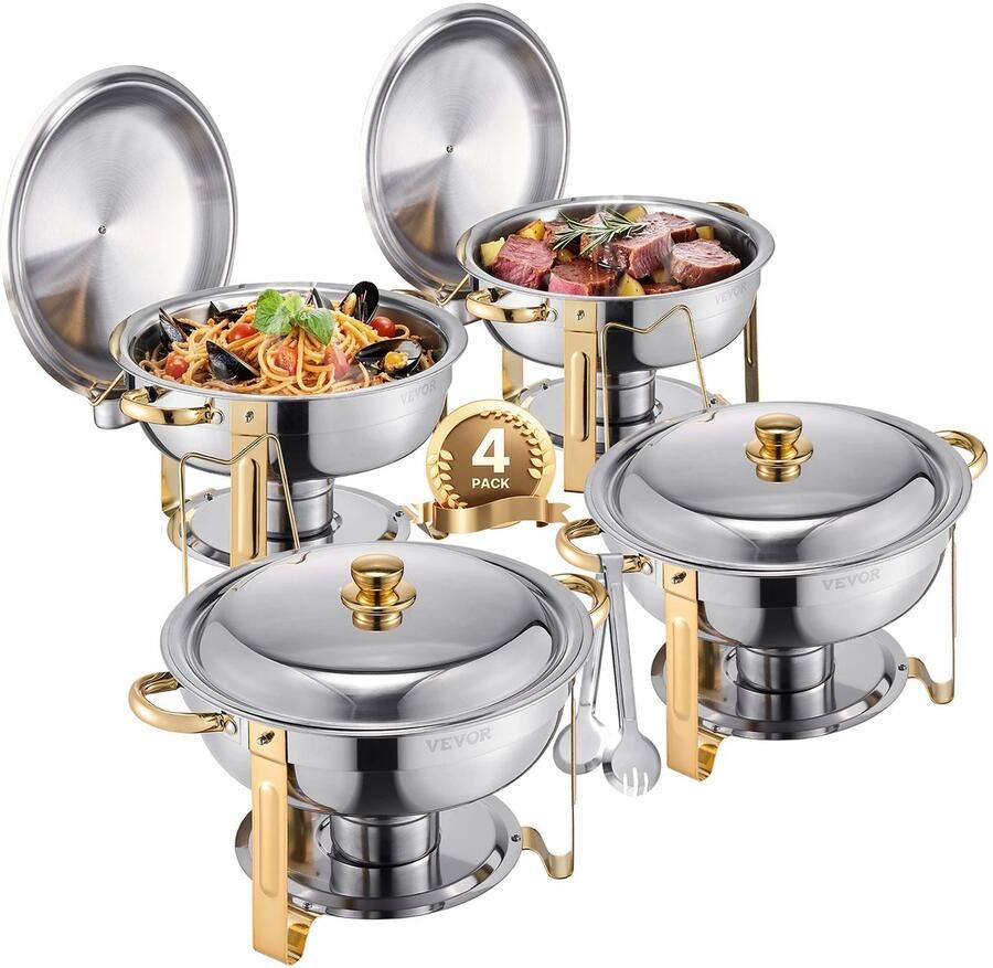 Unbrandedn CYRO Buffetwarmer Warmhoudbakken Buffetwarmer Electrisch Warmhouders Warmhoudschalen Set van 4 RVS Gouden Frame Zilver